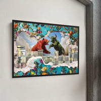 A framed poster featuring a red bear and a green bull with a financial and floral pattern background, symbolizing a market dispute.