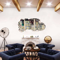 A wall decal featuring a realistic money stack and a graffiti lion in a broken wall design, applied on a white wall in a room with two armchairs and a small round table.