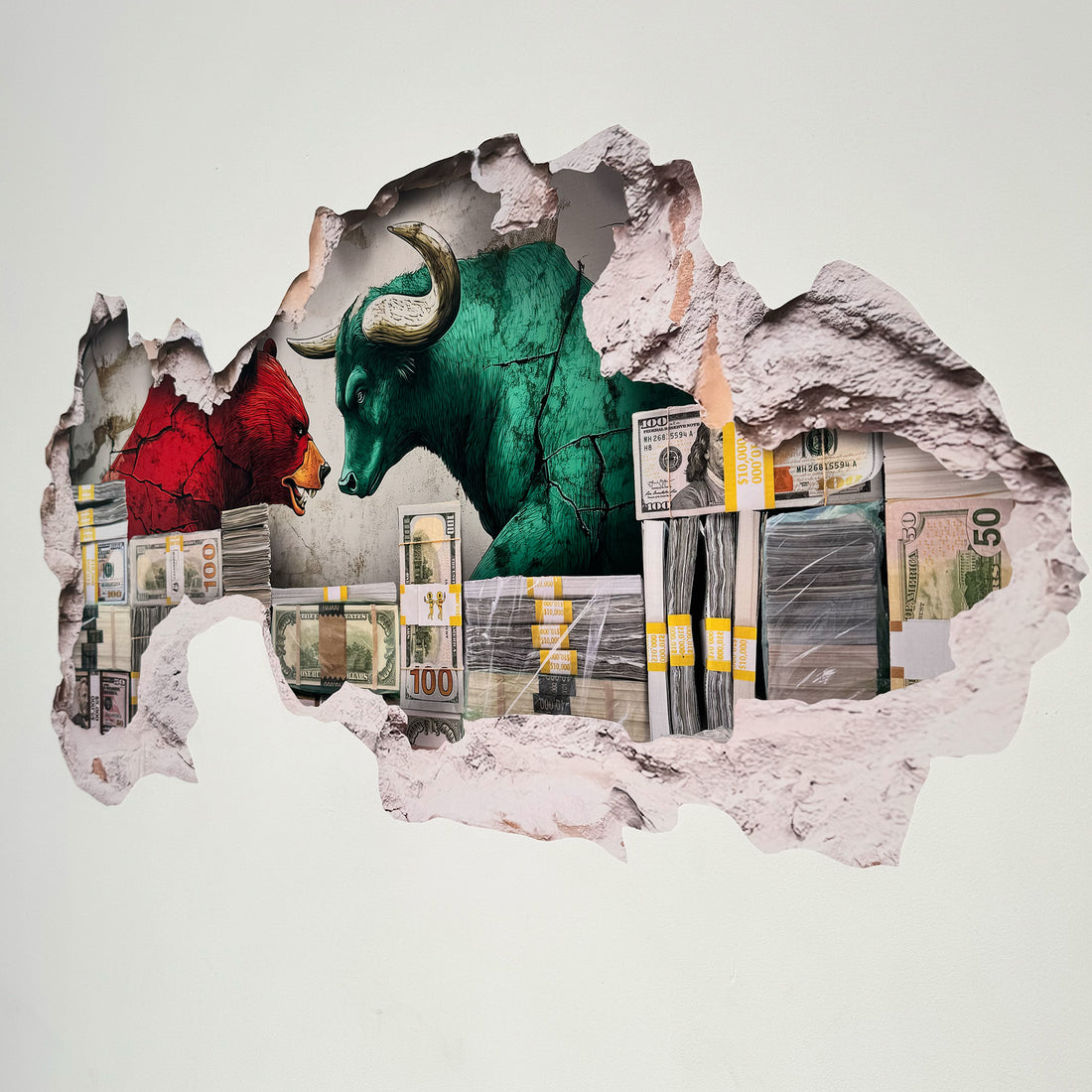 decal of a broken wall with money