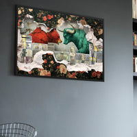 A framed poster featuring artistic representations of a bull and a bear in a market setting, displayed on a wall.