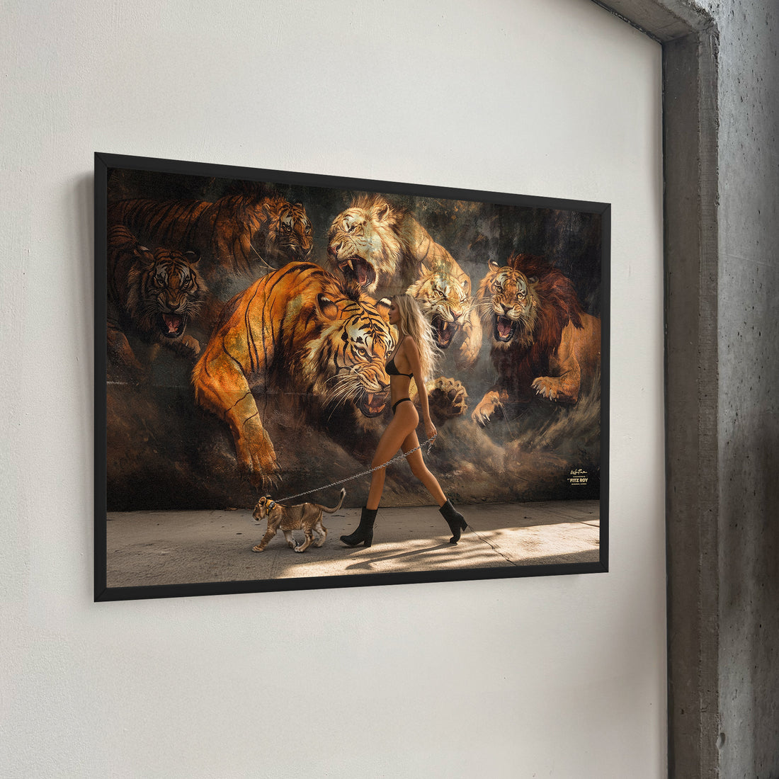 lion mural and woman walking with baby lion