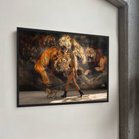 lion mural and woman walking with baby lion