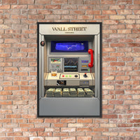 An artistic representation of a Wall Street themed arcade machine with a red telephone and digital display.