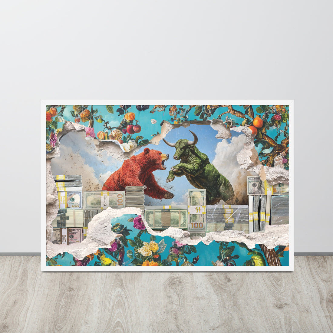 white framed bear vs bull art