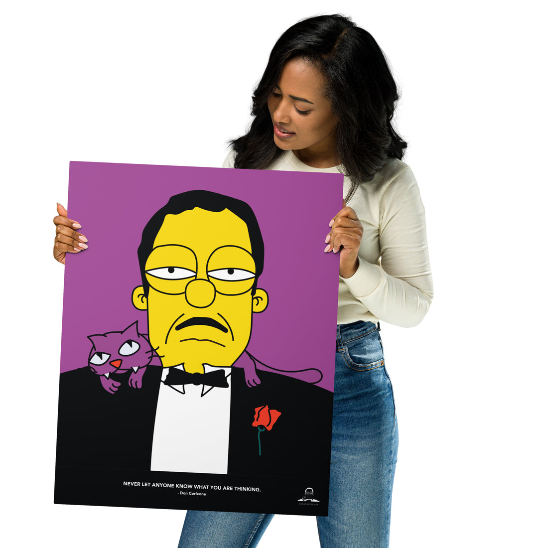 woman holding a simpson style god father art