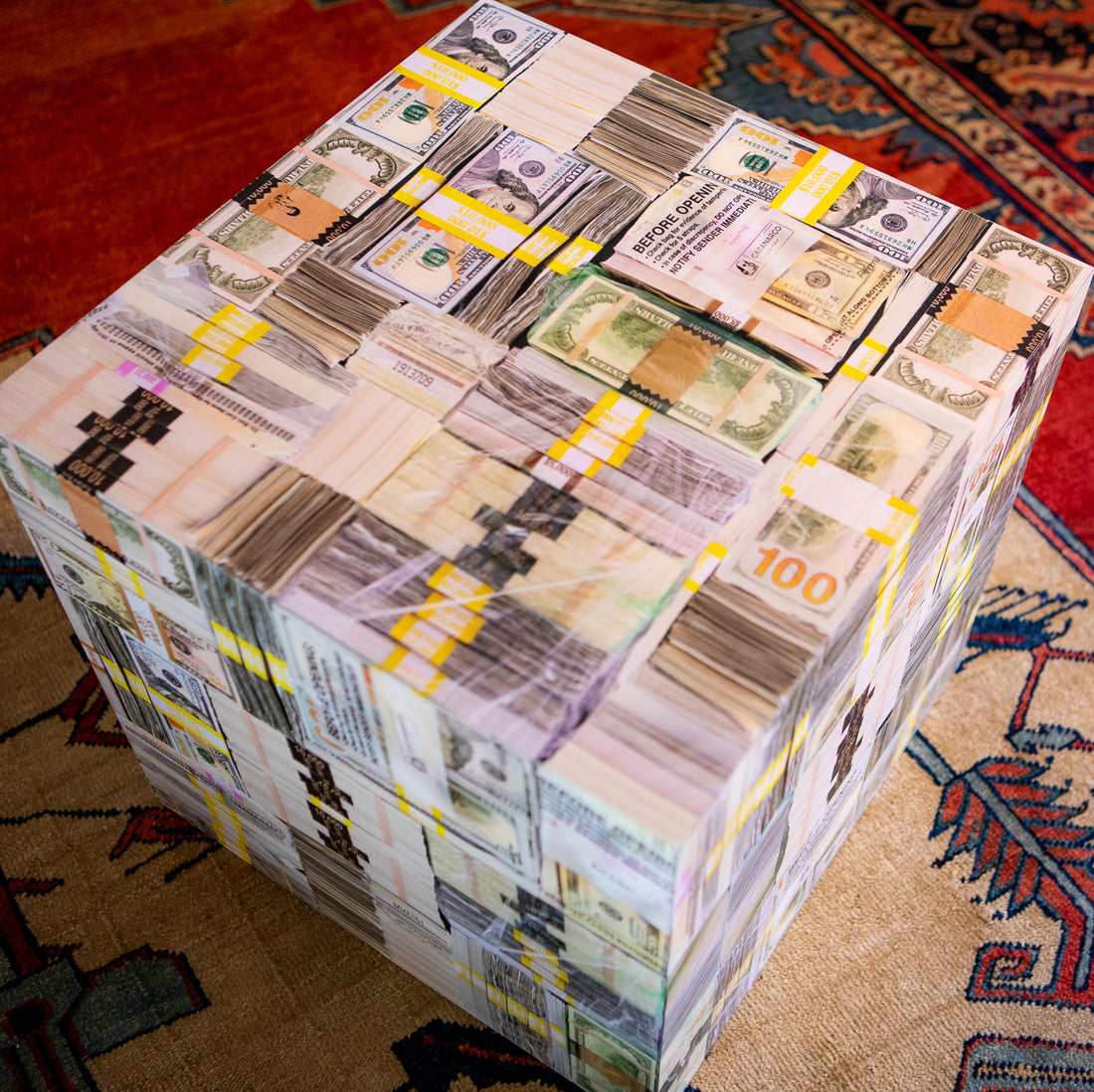 top of a coffee table top look like lots of money stacks
