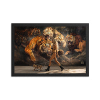 woman walking a baby lion on the street front of a lion mural