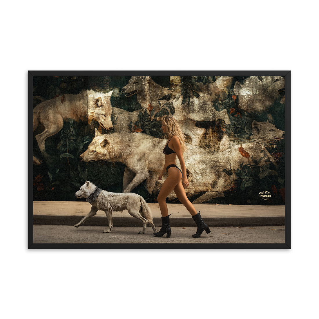 white wolf and a woman walking front of a mural