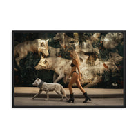 white wolf and a woman walking front of a mural