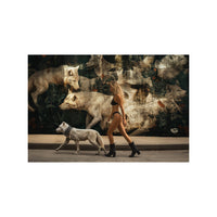 wolf mural and woman side of street photo art