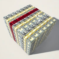 A table designed to resemble a stack of money, with prop bills wrapped in vinyl and accented with red 'Do Not Tamper' tape.