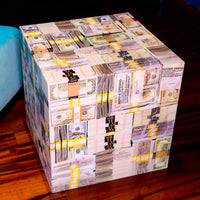 A table designed to resemble a stack of currency, with a matte laminated vinyl finish.
