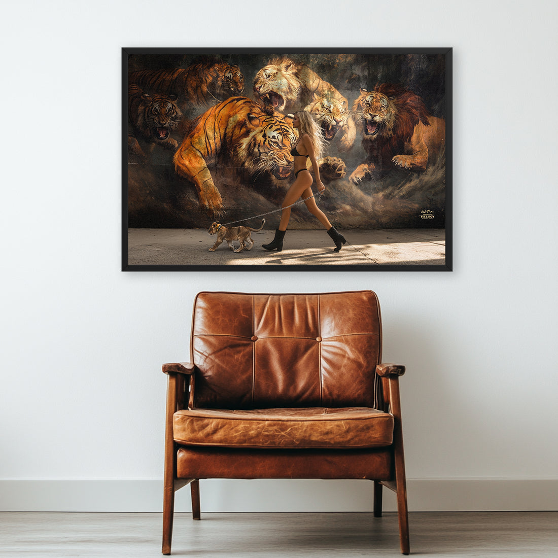 woman and lion mural framed art