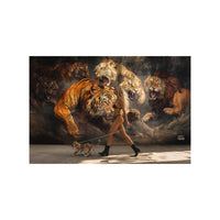 woman walking a baby lion on the street front of a lion mural