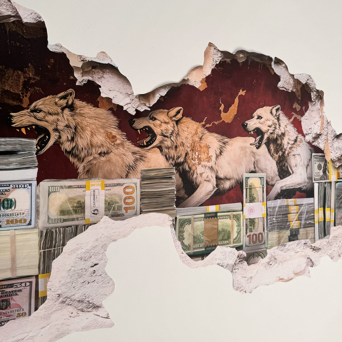 side view of a money broken wall decal with white wolfs