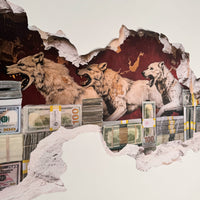 side view of a money broken wall decal with white wolfs