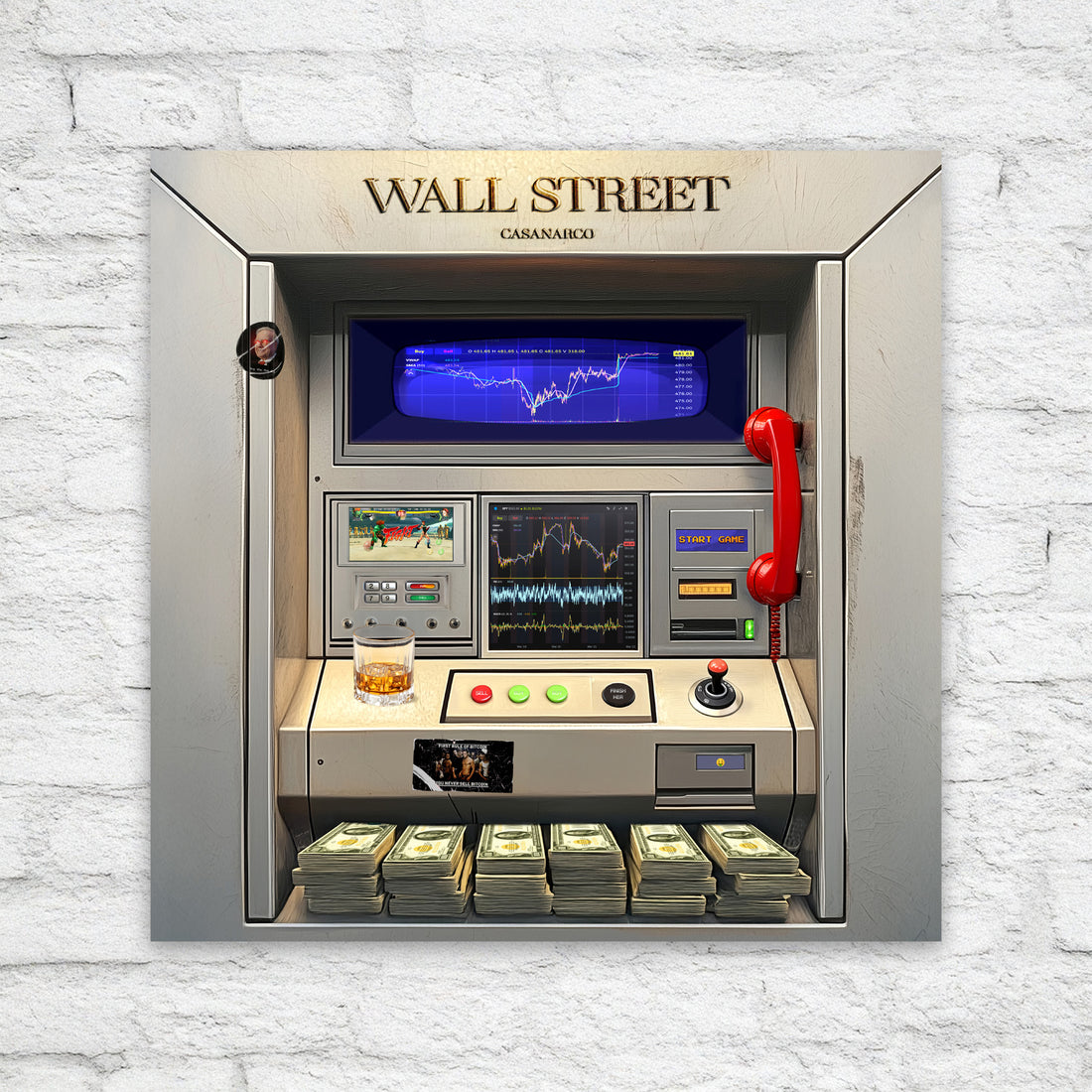 An artistic representation of a Wall Street themed arcade machine with a red telephone and digital display.