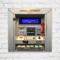An artistic representation of a Wall Street themed arcade machine with a red telephone and digital display.