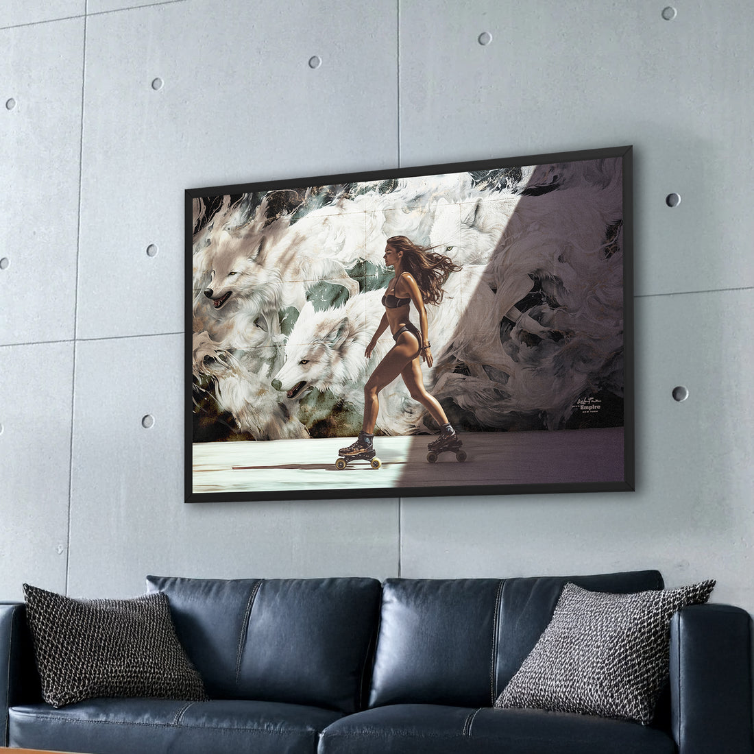 frame art of woman skating with mural of white wolfs in the backgroud