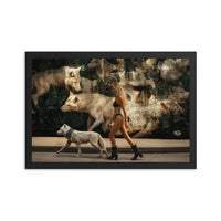 A framed artwork featuring a mural of a white wolf and a person walking the wolf, set against an urban background.