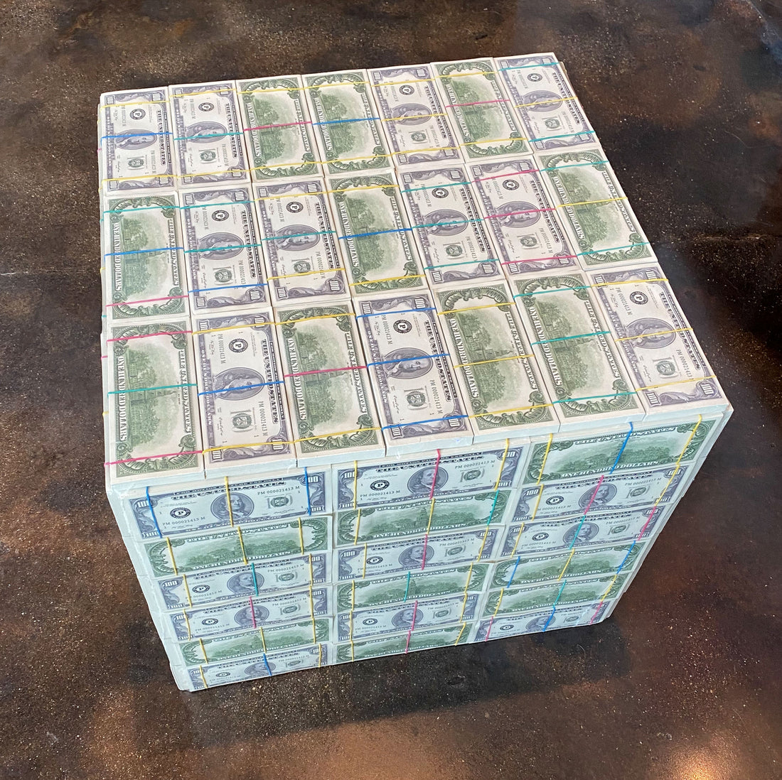 million dollar money cube side end table for game room, lobby, office and home 1980s prop money