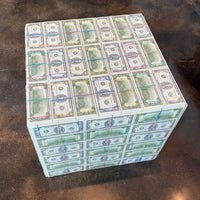 million dollar money cube side end table for game room, lobby, office and home 1980s prop money