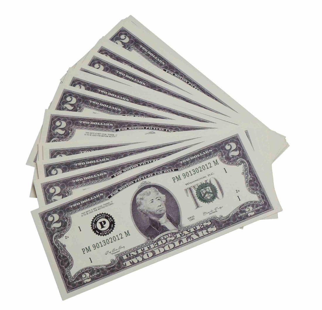 $2 Dollar Bills Prop Money Stack Full Print