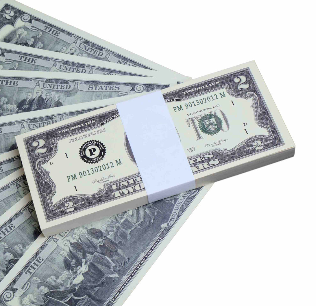 $2 Dollar Bills Prop Money Stack Full Print
