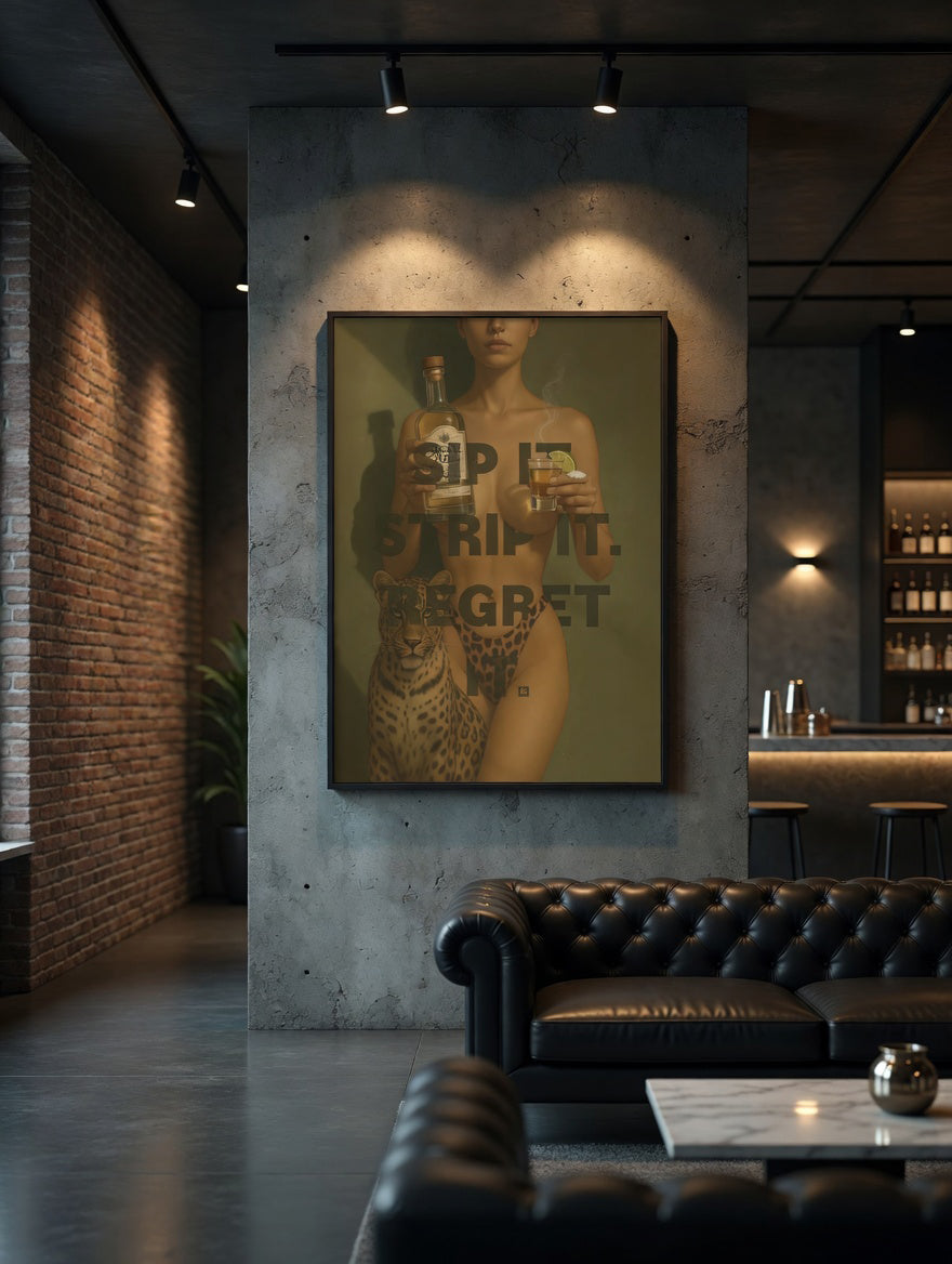 Sip it, Strip it, Regret it Museum-Quality Vintage Tequila Woman Poster – Retro Newspaper Art with Dangerous Elegance