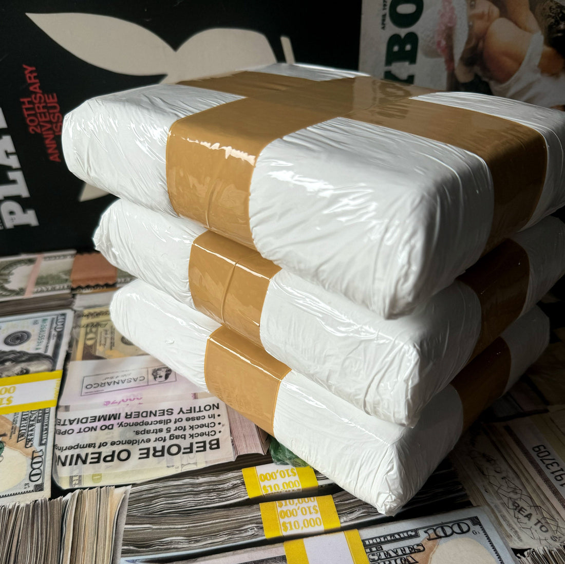 White wrapped movie prop bricks for production