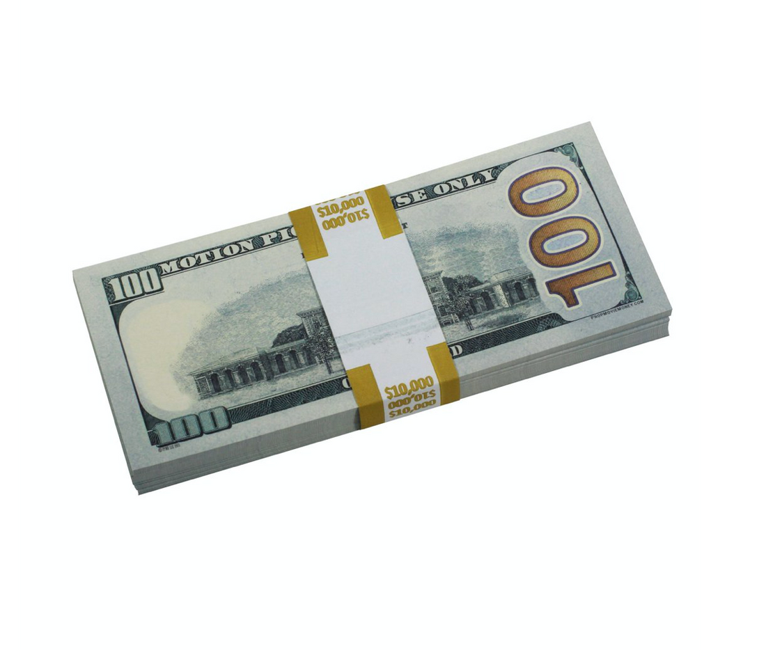 Stack of U.S. hundred-dollar bills on a white background