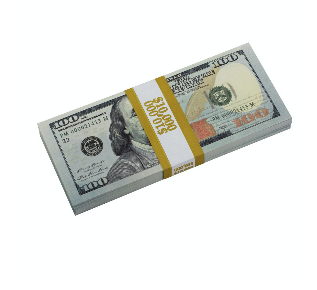 Stack of U.S. hundred-dollar bills with a gold band on a white background