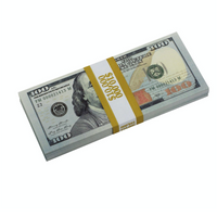 Stack of U.S. hundred-dollar bills with a gold band on a white background