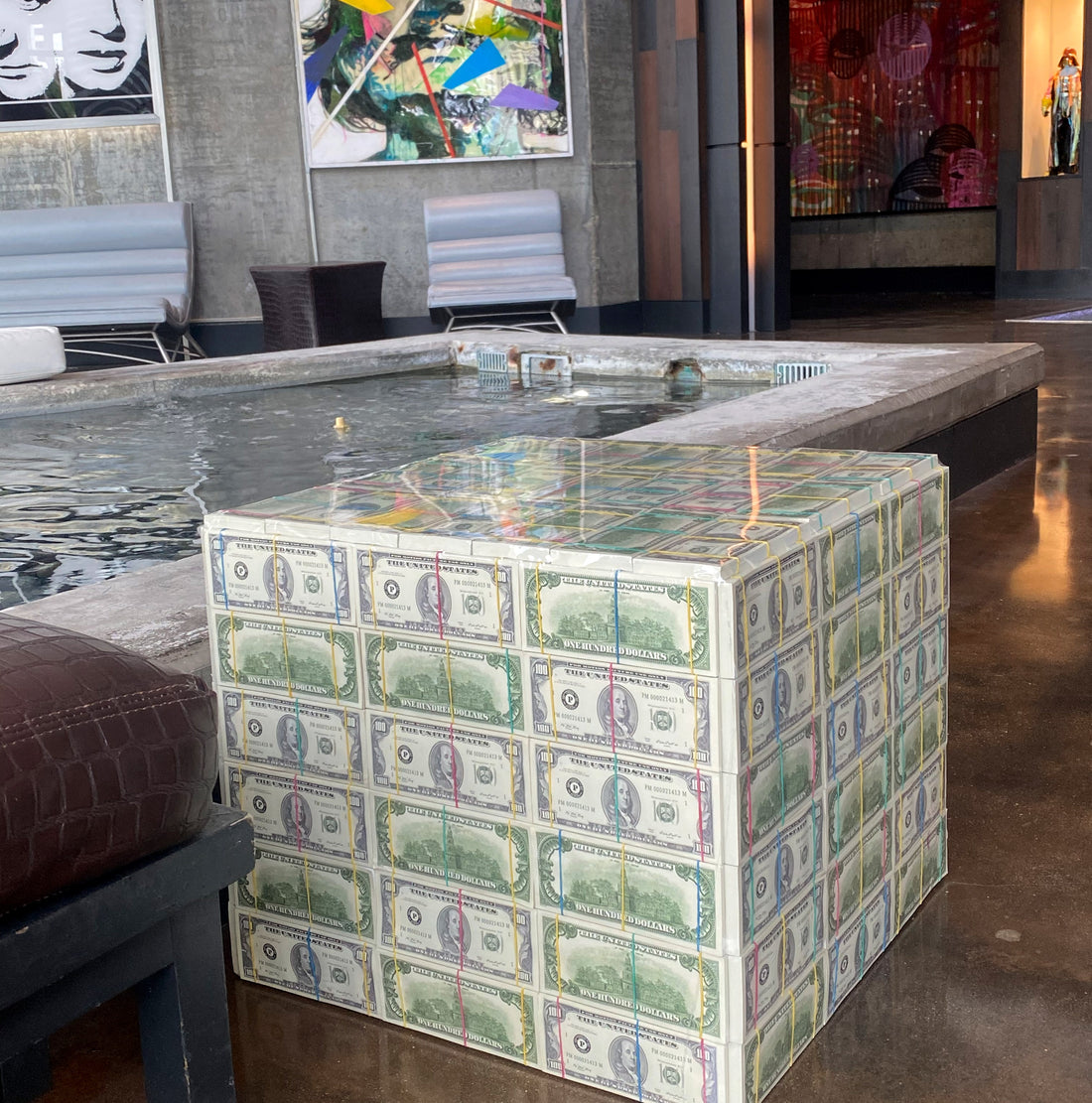 square money table style 1980s miami vice in Brickell luxury building 