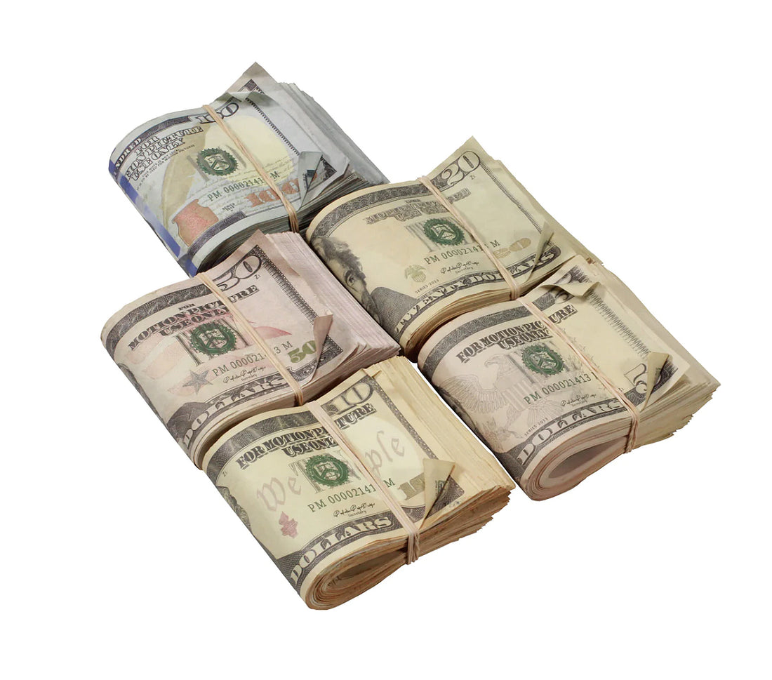 New Series Mix Bundle Folded Aged Prop Money - Full Print